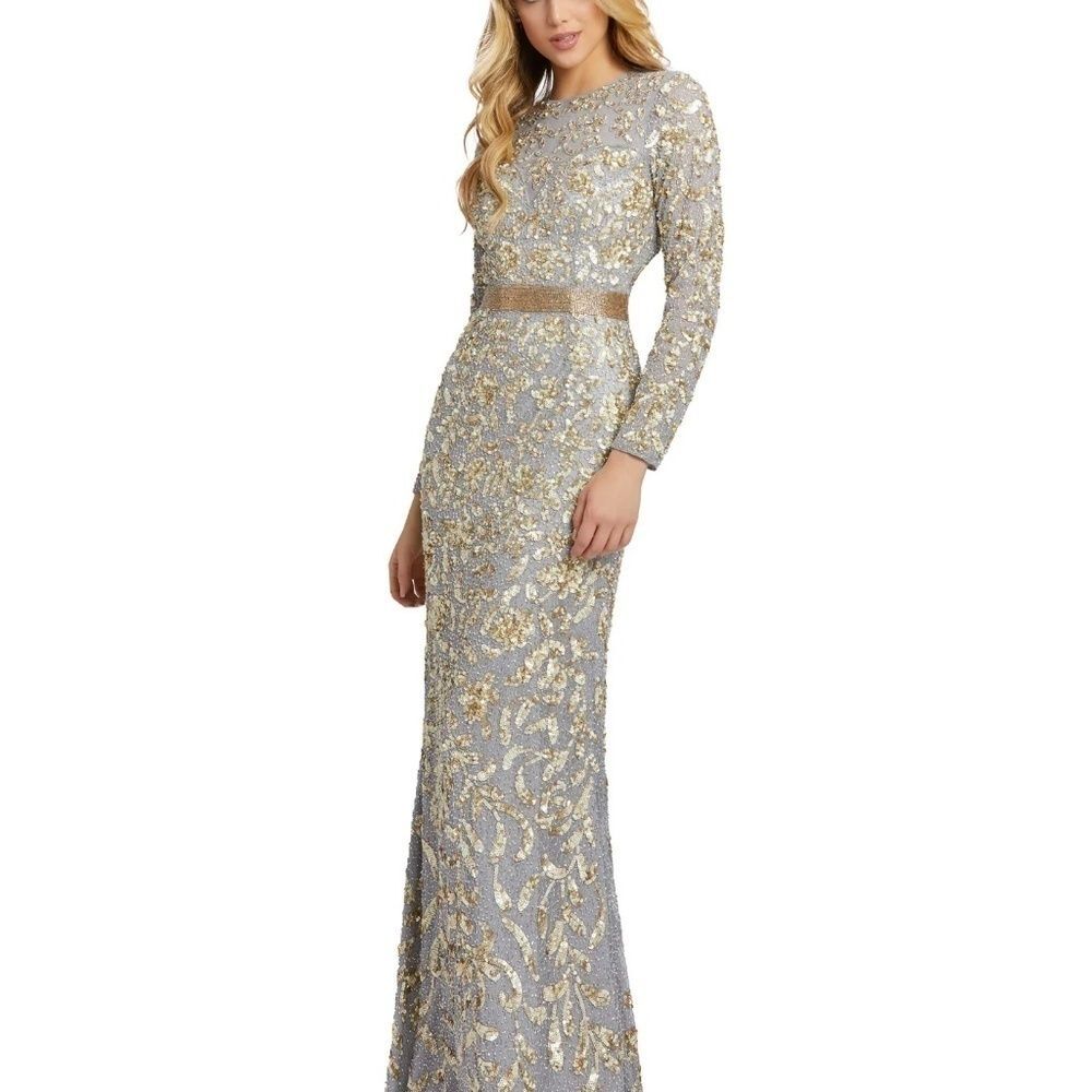 NWT Mac Duggal 4316 Long Sleeve Embellished Gown Platinum Gold Size 4